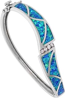 Double-Safety Clasp Sterling Silver Bangle with Synthetic Opal and Cubic Zirconia for Women, Oval Design - Perfect for 7.25 Inch Wrists