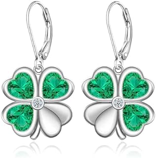 Sterling Silver Clover Dangle Earrings for Women with Lever Back and Created Emerald, Four Leaf Design
