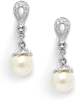 Mariell Vintage CZ and Ivory Pearl Drop Clip On Wedding Earrings for Brides - Genuine Platinum Plated
