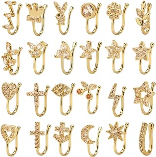 CrazyPiercing 24Pcs Fake Nose Ring CZ African Nose Cuffs Gold Faux Septum Nose Rings Clip on Nose Jewelry for Woman Non Pierced Jewelry