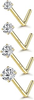 Besteel 4 Pcs 14K Gold Filled Nose Studs 20G Stainless Steel Stud Nose Ring 1.5-3mm Round CZ Simulated Diamond L Bend Nose Stud Hypoallergenic Nose Piercing