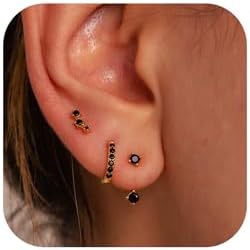 Gold Hoop Earrings for Women, Small Gold Black Diamond Jacket Stud Huggie Earrings Set for Multiple Piercing Hypoallergenic Trendy Jewelry, 925 Sterling Silver Post Cartilage Earrings Gifts for Women Girls