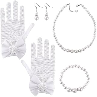 Yolev 4-Piece Girls Pearl Necklace, Bracelet, Earrings, and Lace-Trimmed Gloves Set with Lobster Clasp, Ideal for Weddings and Pageants, Suitable for Ages 12+