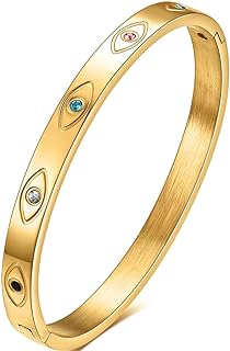 Stainless Steel Omega Chain Evil Eye Birthstone Bangle Bracelet with Cubic Zirconia for Women, Open Clasp Design