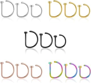 15-Piece Junkin D-Shaped Stainless Steel Nose Ring Set, Unisex Body and Cartilage Piercing Hoops, 20G Thin, Available in 5 Colors