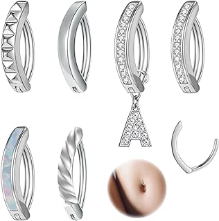 14G Surgical Steel Clicker Belly Button Rings for Women Girls Opal Reverse Curved Initial Navel Barbell Body Piercing
