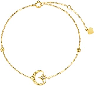 SISGEM 14k Gold Diamond Moon and North Star Anklets for Women Anniversary Jewelry Ankle Bracelet for Wife, Birthday Gifts for Her 9.4"-11"