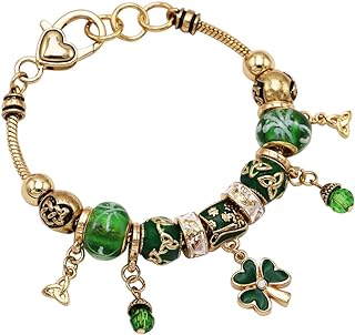 Rosemarie Collections Women's St. Patrick's Day Irish Shamrock Claddagh Glass Bead Charm Bracelet, 7-8" with 1" Extender