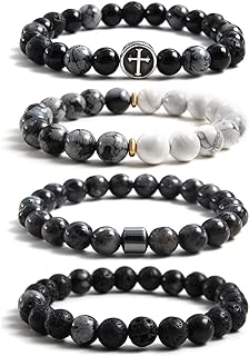 Healing Energy Natural Stone Bracelets Set For Men/Women Gift Stainless Steel&Gemstones Waterproof Bracelet For Dad Mom Couple,Handmade Beaded Bangle Christmas Brithday Gift