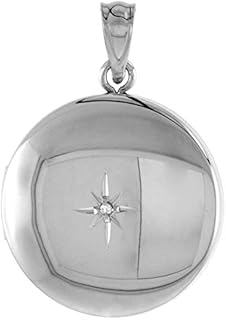 3/4 inch Round Sterling Silver Diamond Locket Necklace for Women Starburst Set Polished Finish, 16-20 inch