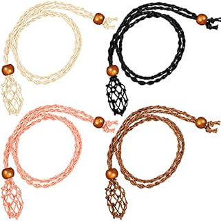 Hicarer 4 Pieces Crystal Necklace Holder Empty Stone Crystal Holder Adjustable Rope Necklace Cord Quartz Crystal Raw Stone Necklace Cord Handmade Woven Netted Cage