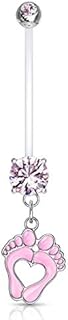 Forbidden Body Jewelry 14G 1" Pregnancy Bioflex Adjustable & Flexible Dangle Baby Feet CZ Maternity Belly Button Ring