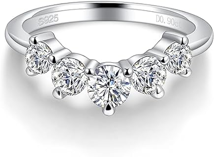 Curved Moissanite Wedding Ring with 18K White Gold and Sterling Silver for Women, Round Cut Design, Size 4