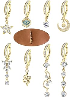 14G Cubic Zirconia-Embellished Stainless Steel Belly Button Rings with Clicker Clasp, Set of 8, for Women– Butterfly, Evil Eye, and Heart Designs