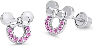 925 Sterling Silver Rhodium Plated Pink Mouse Cubic Zirconia Screwback Baby Girls Earrings
