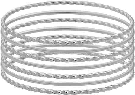 Edforce Stainless Steel Twisted Rope Chain Bangle Bracelets for Women, Set of 7, Thin Stackable Design