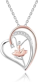 925 Sterling Silver Ballet Dancer Pendant Necklace with Lobster-claw Clasp, Rolo Chain and Cubic Zirconia Gem, a Heart-shaped Jewelry Gift for Women Dance Lovers