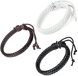Flongo Men's Womens Braided Black Leather Rope Woven Wrap Surfer Cuff Bracelet, Fit 7.6-10.6 inch Wrist …