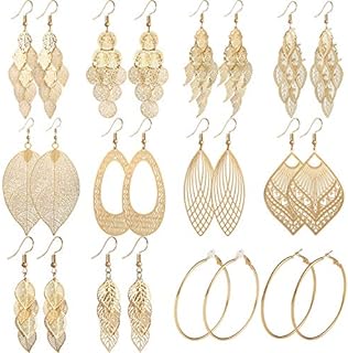 Starain 12 Pairs Gold Hoop Earrings for Women Girls Long Layered Leaf Earrings Vintage Statement Dangle Drop Earrings Set