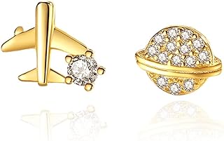 Planet Airplane Asymmetry Stud Earring for Women Girls Cubic Zirconia Aircraft Hypoallergenic S925 Sterling Silver Tiny Cartilage Pierced Earrings Unique Cute Birthday Gift for Her Bff Girlfriend Valentine's Day