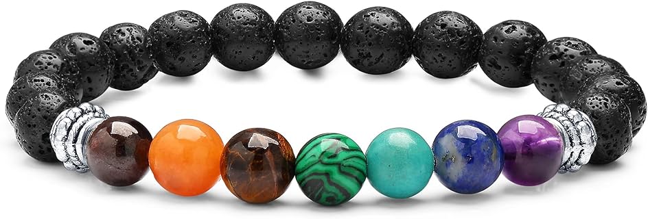 Valentine Bead Bracelet for Couples with Bead Chain and Spring Ring Clasp - Featuring Chakra & Lava Rock Beads - Matching His and Her Design