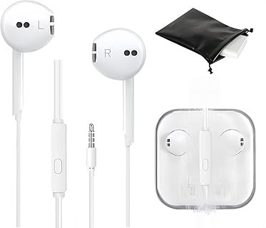 Écouteurs Intra-auriculaires MeetRade Blanc avec Suppression Active du Bruit et Micro Haute Qualité, 3,5 mm Filaire, pour Smartphones et Tablettes, avec Pochette de Transport