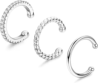 JeryWe Cubic Zirconia-Embellished Sterling Silver Conch Cuff Earrings, Clip-On Design for Non-Pierced Ears - Set of 3