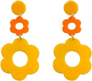 Double Daisy Acrylic Drop Earrings with Alloy Gems, Perfect for Women and Teens, Designed in 60/70s Floral Style with Screw Back Finding