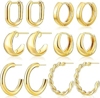 Gold Hoop Earrings Set for Women, 14K Gold Plated Hypoallergenic Lightweight Open Huggie Hoop Earrings