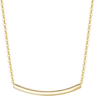 FANCIME 14K Real Solid Gold Smile Necklace Classic Tube Curve Bar Pendant Simple Basic Daily Wear Fine Jewelry for Women 16”+2” Extender