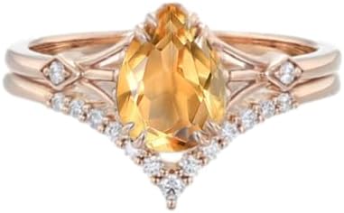 Adjustable 10K, 14K, 18K Solid Gold Moissanite and Citrine Wedding Ring Sets for Women - Engraved Pear Cut Engagement and Promise Bridal Ring Set