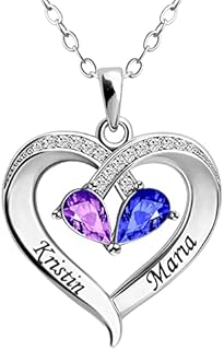 Custom 2-Name Heart-Shaped Necklace with Figaro Chain and 2 Birthstones - Heartfelt Personalized Jewelry Gift for Moms, Wives, Girlfriends, BFFs