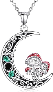 Mushroom Moon Pendant Necklace in Sterling Silver with Cubic Zirconia for Women - Unique Gothic Design Jewelry Gift