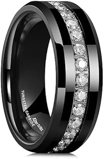 King Will Tungsten Carbide Wedding Band for Men - 8mm Black Plated High Polished Cubic Zircon Stones Comfort Fit Mens Ring for Wedding,Engagement and Anniversary
