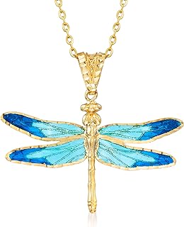 Ross-Simons Italian Blue Enamel and 18kt Yellow Gold Dragonfly Pendant Necklace. 20 inches