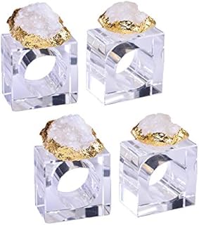 AMOYSTONE Gold Napkin Rings Set of 4 Square Quartz Crystal Geode, Cloth Napkin Holder Glass Rings for Wedding Party, Thanksgiving, Christmas, Dinning Decor