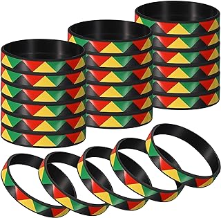 Wettarn 24 Pcs Juneteenth Day Bracelets Kwanzaa Rubber Bracelet Rasta Jamaican Party Favors Gift African Hippie Kente Silicone Bracelet Wristbands(Black Green Yellow Red)