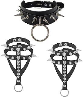 Edgy Faux Leather Spiked Choker Necklace with Rope Chain and Spiked Bracelet Set for Punk Style Lovers - Bold and Adjustable Design