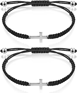 2 Pieces Friendship Cross Bracelet Black String Rope Braided Bracelet Cross Charm Adjustable Handmade Matching Couple Bracelets for Women Men Brother Kabbalah Strand Lucky BFF Bracelets