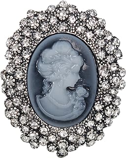 Gyn&Joy Antique Cameo Brooch Pin with Crystal Gems, Grey Rhinestone Victorian Lady Design