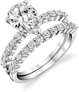 Women's East West Pear Engagement Ring with Cubic Zirconia in Sterling Silver - Elegant Bridal Set by Metal Masters Co.
