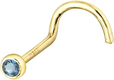 Solid 14K Gold Nose Screw Stud Bezel Set Aquamarine 22G Cork-screw Nose Stud - 14K White Gold / 14K Yellow Gold March Birthstone Nose Ring Stud