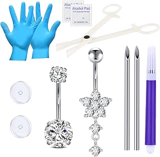 JIESIBAO DIY Surgical Steel Belly Button Piercing Kit with 11 Pieces - Hypoallergenic Nose, Lip, Cartilage Piercing Tools for Beginners and Experts - Safe and Sterilized