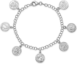 Sterling Silver Rhodium-plated Roman Coin Charm Bracelet | Weight: 5.21 oz Width: 4 mm Length: 7.5 in