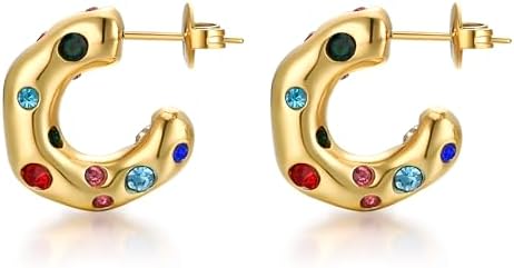 14K Gold Plated Latch Back Hoop Earrings with 925 Sterling Silver Post and Cubic Zirconia Gems for Women and Girls - Chic and Elegant Design