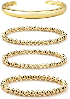 No-Clasp Twisted Copper Bead Chain Bangle Bracelets for Women; Elegant 18K Gold Plated Design