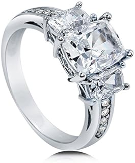 BERRICLE Sterling Silver 3-Stone Wedding Engagement Rings Cushion Cut Cubic Zirconia CZ Ring for Women, Rhodium Plated Size 4-10