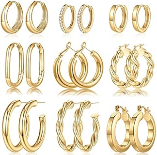 Yesteel 9 Pairs Gold Hoop Earrings for Women, 925 Sterling Silver Post 14K Real Gold Plated Chunky Hoop Earrings Set for Women Hypoallergenic Thick Lightweight Hoop Earrings for Women Gold Jewelry Gifts