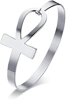 Hisatan Stainless Steel Egyptian Ankh Cross Key of Life Open Cuff Bangle Bracelet for Women