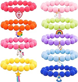 Aoocoeo Unicorn Bead Bracelet in Resin and Plastic with Rainbow & Sunflower Pendants for Kids Girls in Assorted Colors - 9Pc Set